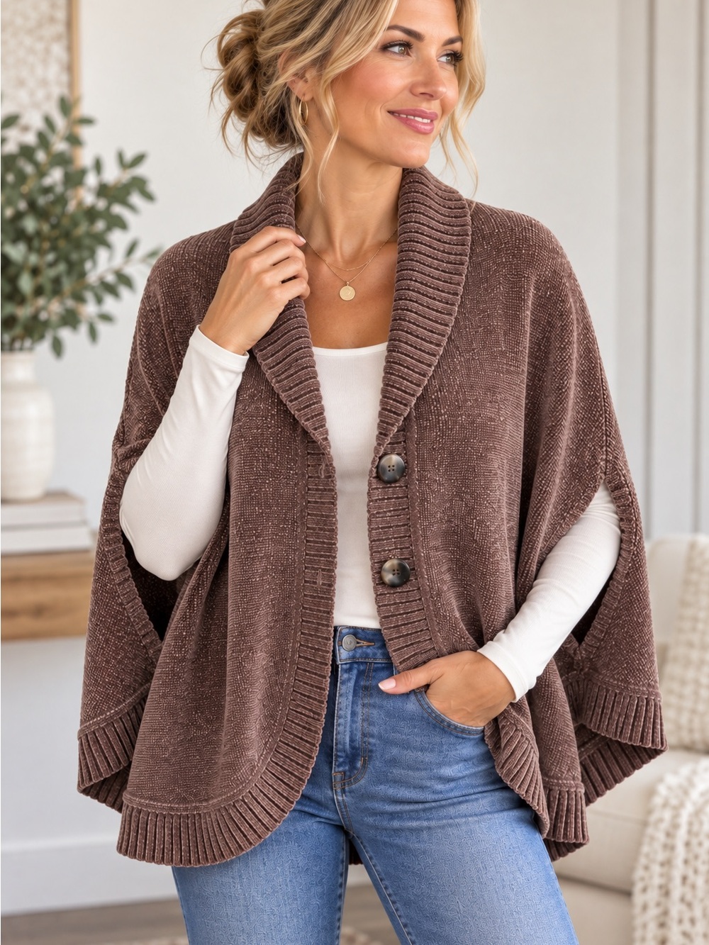 NWT Charlie Paige Brown Chenille Shawl Collar Button One Size